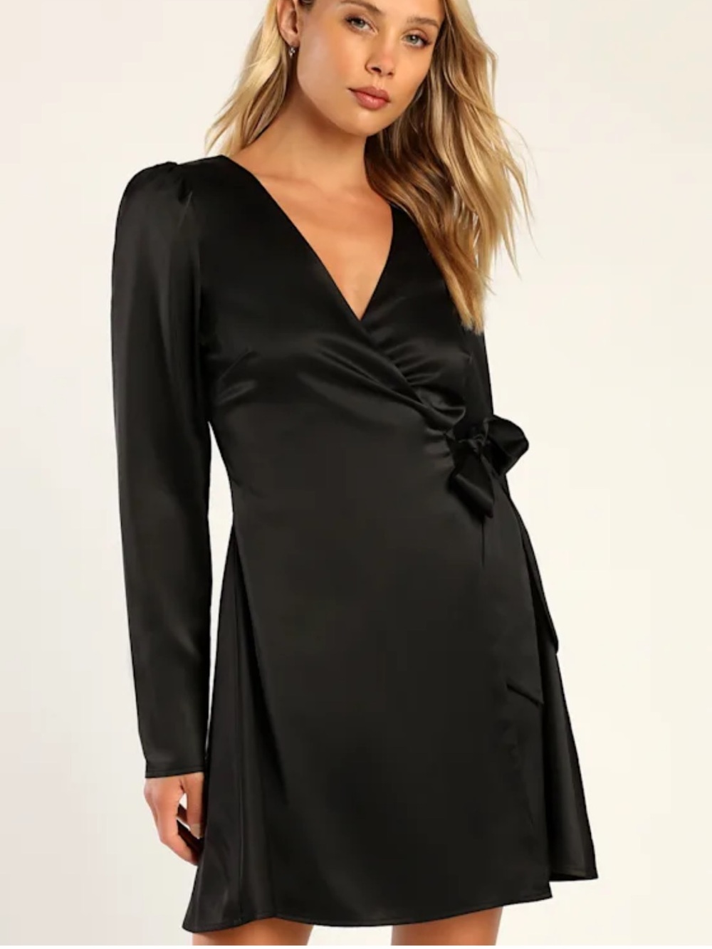 Festive Forever Black Satin Long Sleeve Wrap Mini Dress
